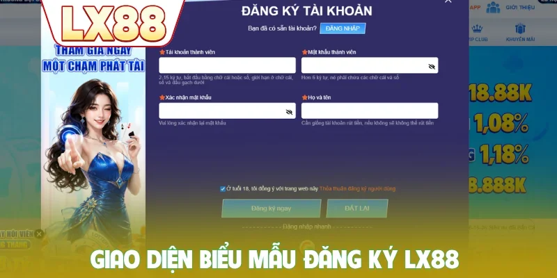 Giao diện biểu mẫu đăng ký LX88