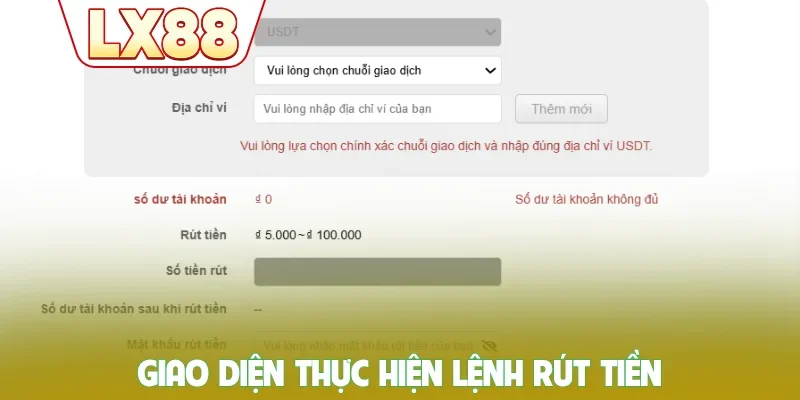 Giao diện thực hiện lệnh rút tiền