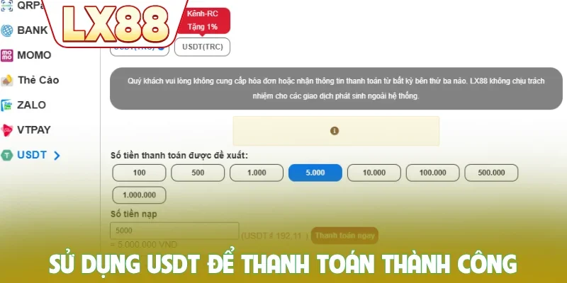 Sử dụng USDT để thanh toán thành công